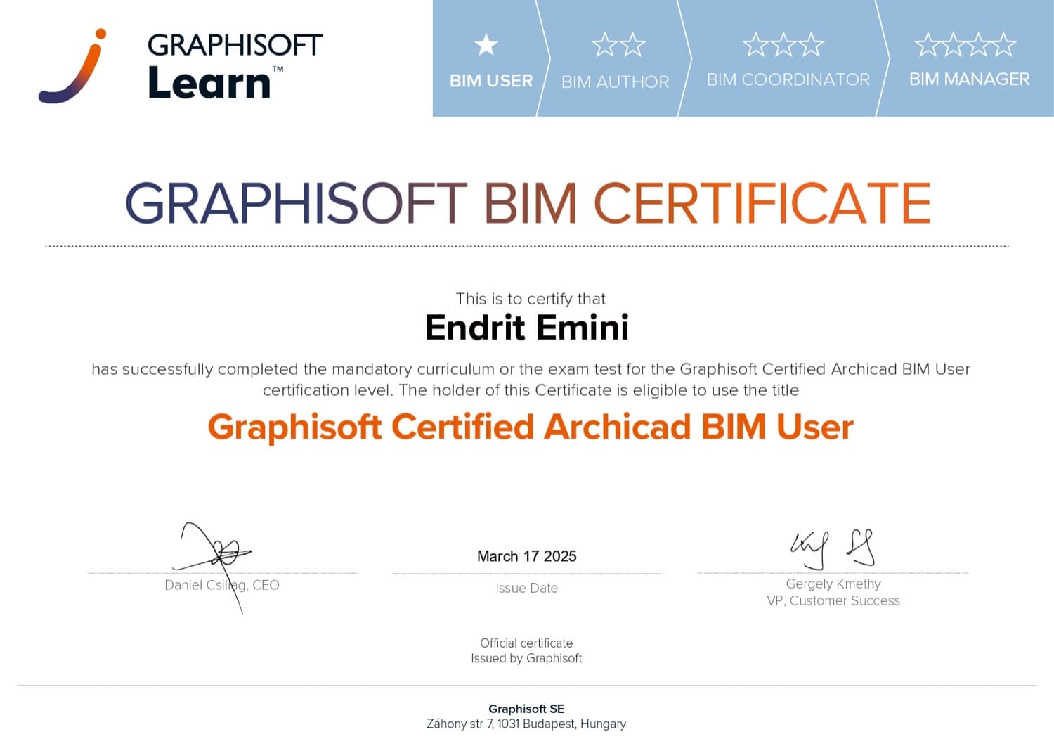 BIM User Certificate
